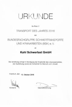2016 KAHL SCHWERLAST GmbH BSK-Award Transport des Jahres 2016