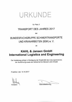 2017 KAHL & JANSEN GmbH BSK-Award 3. Platz Transport des Jahres 2017