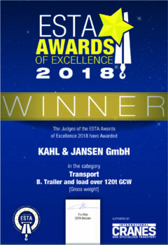 2018 KAHL & JANSEN GmbH_ESTA winners certificates 5 Transport über 120t 2018