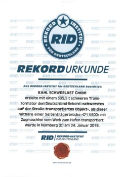 2018 KAHL SCHWERLAST GmbH Urkunde Rekordtransport Schwerster Straßentransport 2018