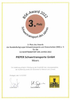 2022 Pieper Schwertransporte GmbH_3. Platz BSK Award 2022 Schwertransport des Jahres 2022