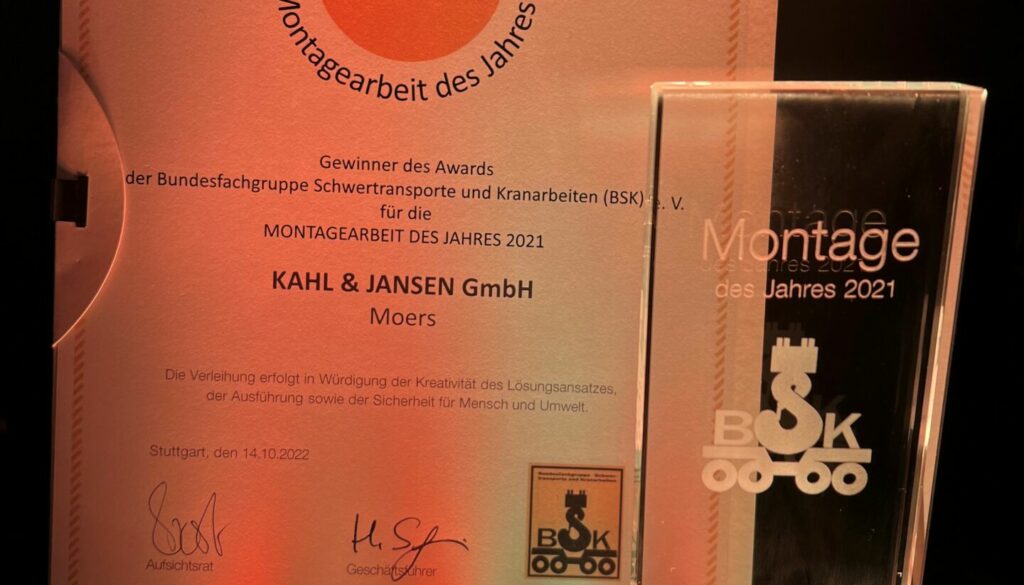 BSK Award Auszeichnung KAHL & JANSEN GmbH Schwertransport des Jahres Montagearbeit des Jahres